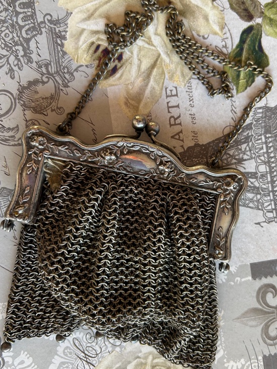 Handbags - Antique Vintage German Silver Mesh Evening Bag with ornate Repoussé frame
